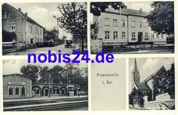 01561 Priestewitz Bahnhof Schule Kirche  *ca.1940