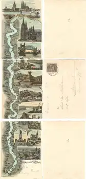 Rhein Leporello mit Kölner Dom 3 Litho Karten gelösst o 10.7.1900