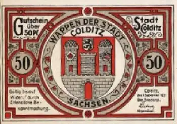 04680 Colditz Städtenotgeld 50 Pfg. * 1921