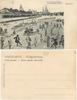 Dresden Niedrigwasser der Elbe 1904 Humorkarte "neu Verkehrseröffnung"