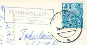 03058 Kiekebusch Posthilfsstellenstempel auf AK Burg, o 14.10.1956