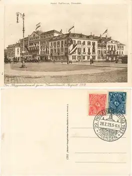 Dresden Hotel Bellevue Flaggenschmuck zum Kaiserbesuch August 1912 Sonderstempel 29. Philastelistentag Dresden 1923