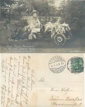 Dresden Blumentag 31. Mai 1913 Erster Kinderkorso im grossen Garten KInd mit Tretauto o 6.4.1915