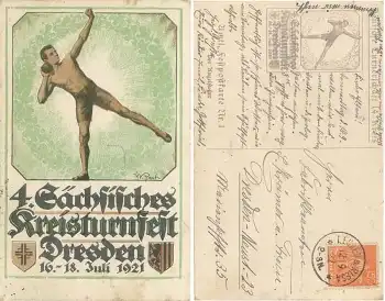 Dresden 4. Sächsisches Kreisturnfest 1921 Amtliche Festpostkarte Nr.1 Der Kugelstosser
