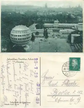 Dresden Jahresschau Deutscher Arbeit 1927 Offizielle Karte 24 Teilgelände mit Kugelhaus o 26.7.1928