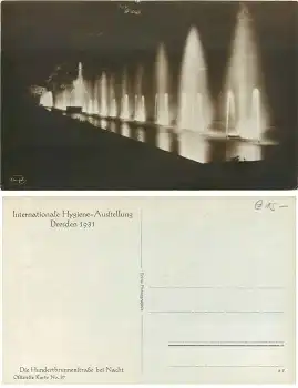 Dresden Internationale Hygiene Ausstellung 1931 Offizielle Karte No. 37 Hundertbrunnenstrasse bei Nacht