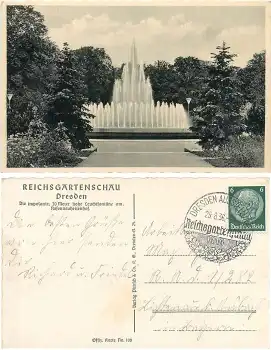 Dresden Reichsgartenschau 1936 Offizielle Karte Nr.108 Leuchtfontäne mit Sonderstempel 29.8.1936