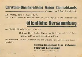 06246 Bad Lauchstädt Flugblatt der CDU Christlich Demokratische Union Versammlung 9. August 1946