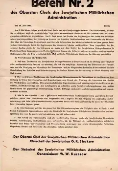 Befehl Nr.2 des Obersten Chefs der Sowjetischen Militärischen Administration Berlin 10. Juni 1945