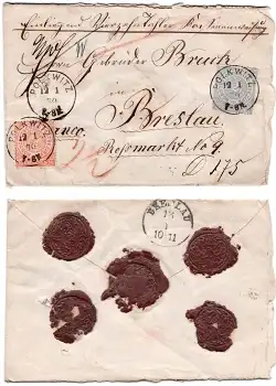 Norddeutscher Bund Mir.Nr. 15 + 17 Geldbrief gestempelt Polkwitz 12.1.1870 nach Breslau