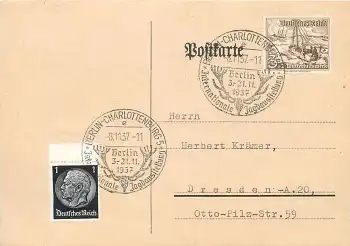 Charlottenburg Berlin Internationale Jagdausstellung 1937 Sonderstempel auf Postkarte