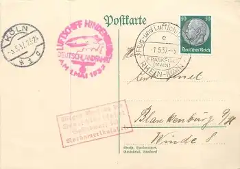 Deutschlandfahrt des Luftschiff Hindenburg Bordstempel mit Zusatzstempel wegen Ausfall Postabwurf bei Nordamerikafahrt 1.5.1937