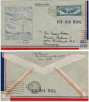 USA Trans Atlatic Air Mail Service First Flight FAM18 Flugbestätigungsstempel mit 30 Cent o New York 20.5.1939