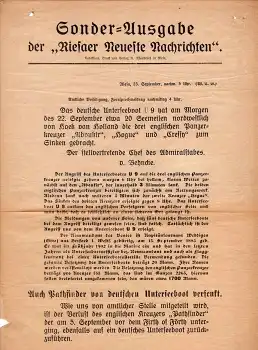 Riesaer Neuste Nachrichten Sonder Ausgabe Unterseeboot U9 versenkt englische Panzerkreuzer 23.9.1914