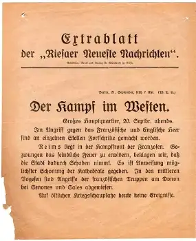 Riesaer Neuste Nachrichten Extrablatt "Der Kampf im Westen" 1.WK 21.9.1914