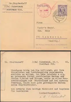 Bad Kissingen roter Bezahlt Stempel auf Ganzsache AM POST 6 Pfennig Tagesstempel 28.3.1946 nach Schwerin