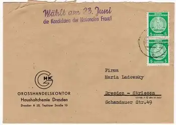 Propaganda Stempel DDR "Wählt am 23. Juni die Kandidaten der nationalen Front" auf Dienstbrief o 20.6.1957