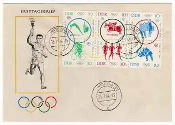 DDR Michel 1039 bis 1044 Sechserblock Olympische Spiel Tokyo Ersttagsbrief Tagesstempel Wolgast 15.7.1964