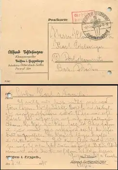 Seiffen Erzgebirge roter Gebühr bezahlt Stempel auf Postkarte o 8.10.1945 nach Dorfchemnitz