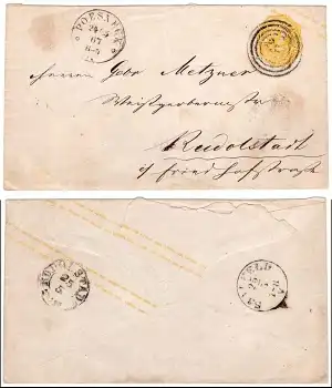 Norddeutscher Postbezirk 2 Kreuzer gelb auf Ganzsachenumschlag o Poesneck 24.5.1867 nach Rudolstadt