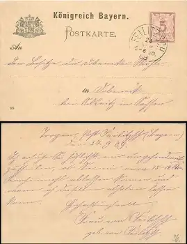 Bayern Ganzsache 5 Pfennig von Feilitzsch 24.9.1889 nach Oelsnitz