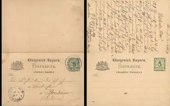 Bayern Ganzsache 5 Pfennig mit Antwortkarte von München I 6.5.1892 nach Pforzheim