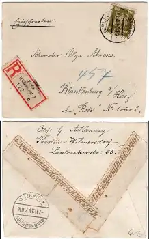 Deutsches Reich Michel 360 40 Pfennige auf R-Brief von Berlin Wilmersdorf 2 6.11.1924 nach Blankeburg Harz