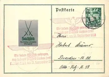 Jahrestag der Machtergreifung 1938 Ganzsache 6 Pfennig  roter Sonderstempel Asch 21.9.1938 mit Aufkleber "Sachsen am Werk"