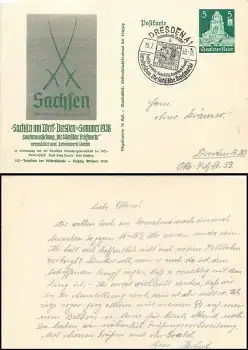 Sachsen am Werk 1938 Ganzsache P269 Sonderstempel Dresden A1 Briefmarkenschau 15.7.1938