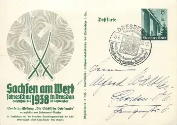 Sachsen am Werk 1938 Ganzsache Reichsautobahn Sonderstempel Dresden A1 Briefmarkenschau 19.6.1938