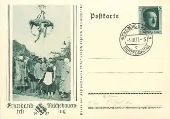 Reichsbauerntag 1937 Ganzsache 6 Pfennig Hitler Sonderstempel Bückeberg Erntedanktag 3.10.1937