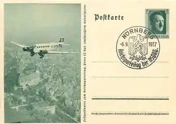 Reichparteitag der NSDAP 1937 Festpostkarte Ganzsache P264/08 6 Pfennig Hitler Sonderstempel Nürnberg 6.9.1937