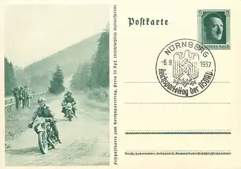 Reichparteitag der NSDAP 1937 Motorradfahrer Festpostkarte Ganzsache P264 6 Pfennig Hitler Sonderstempel Nürnberg 6.9.1937