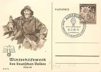 WHW Ganzsache März 1938/39 6 Pfennig Sonderstempel Augsburg WHW Sammlung 4.3.1939