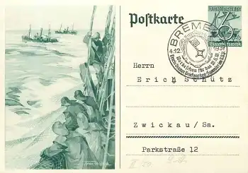 Fischer Axster Heudtlaß Ganzsache 6 Pfennig Sonderstempel Bremen Briefmarkenschau 4.12.1937