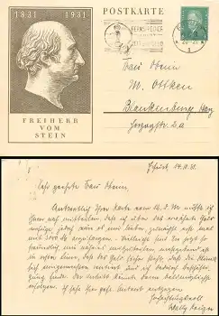 Freiherr vom Stein 1831 Ganzsache 6 Pfennig Ebert o Erfurt 4.10.1931