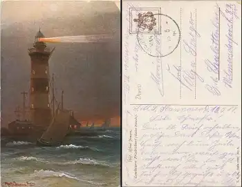 Kiel Friedrichsort Leuchtturm Künstlerkarte Alfred Jensen o Marineschiffspost SMS Hannover 16.5.1918