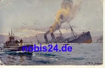 Kriegsschiffe U Boot versenkt Schiff Künstlerkarte Willy Stöwer o 1917