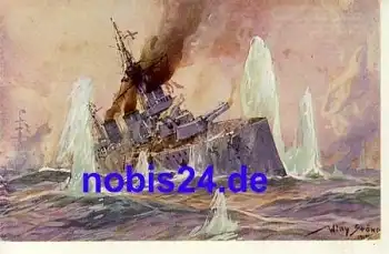 Kriegsschiffe Feuer deutscher Kreuzer Künstlerkarte Willy Stöwer *ca.1915