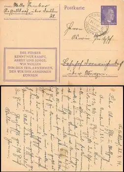 Der Führer kennt nur Kampf,... Ganzsache 6 Pfennig Hitler im Rahmen o Kesselsdorf 24.4.1944