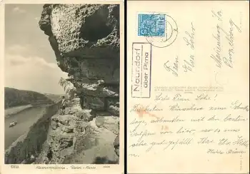 01796 Naundorf über Pirna Landpoststempel auf AK Kletterfelsen Rahn-Hanke o 23.4.1957 Hahn-Foto13075