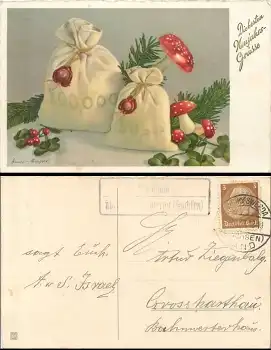 01877 Goldbach über Bischofswerda Landpoststempel auf AK Neujahrskarte mit Pilzen o 1937