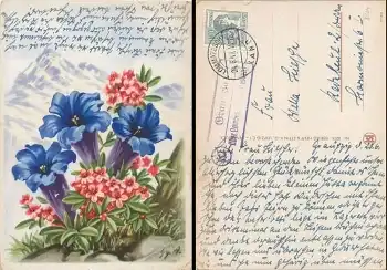 01683 Graupzig über Lommatzsch Landpoststempel auf Künstlerkarte Blumen o 24.6.1947