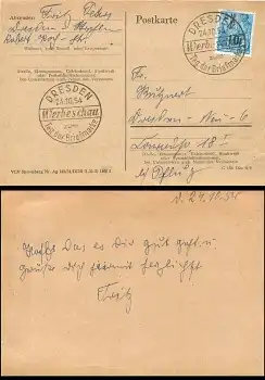 Dresden Sonderstempel Werbeschau zum Tag der Briefmarke 24.10.1954