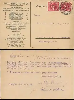 Dresden Korkenfabrik Blechschmidt Michel 269 auf Karte o17.8.1923