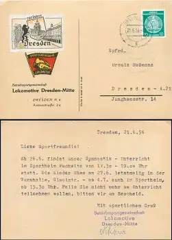 Dresden Sportvereinigung Lokomotive mit Vignette 750 Jahre Dresden Dienstkarte 1956