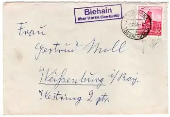 02923 Biehain über Horka (Oberlausitz) Landpoststempel auf Brief o 9.12.1955