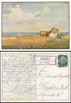 01665 Canitz über Oschatz Landpoststempel auf Künstlerkarte Richard Kaiser "Dorf auf Rügen" o 12.7.1935