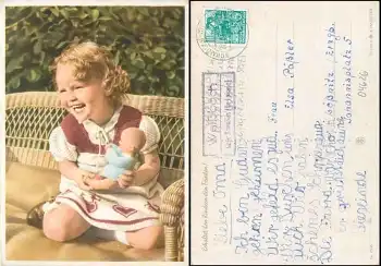 04626 Weißbach über Schmölln Landpoststempel auf AK Kind mit Puppe o 27.8.1959