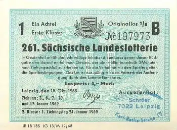 Leipzig 261. Sächsische Landeslotterie ein Achtel Los 1968